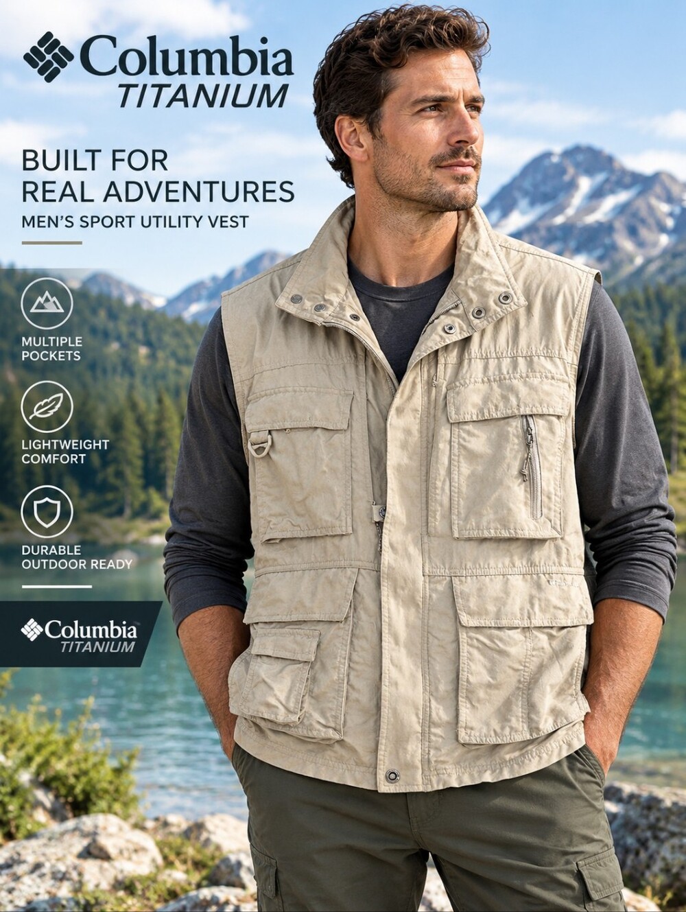 COLUMBIA Titanium Vintage Sports/Fishing/Utility Pocketed VEST Sz L EUC